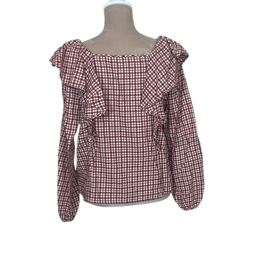 J. Crew Dusty Ivory Brick Red Flannel Gingham Blouse with Ruffle Detail - Picture 6 of 12